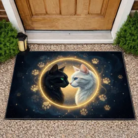 Black Cat Emerald White Cat Sapphire Nose-to-Nose Golden Aura - Cat Lover Home Decor Gift Doormat