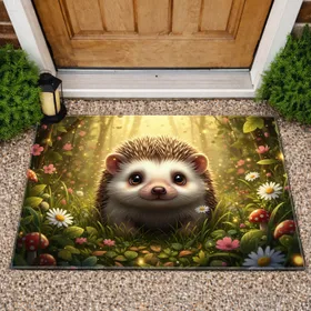 Baby Hedgehog Forest Floor Grass Daisy Wildflower Mushroom - Wildlife Lover Home Decor Gift Doormat