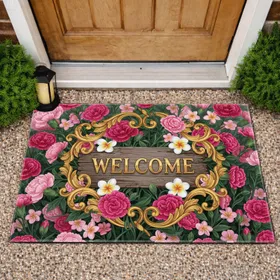 Welcome Sign Carnation Flowers Golden Scrollwork - Home Decor Gift for Garden Lover Doormat