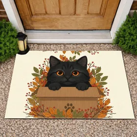 Black Cat Cardboard Box Autumn Leaves - Autumn Home Decor Gift for Cat Lover Doormat