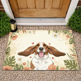 Basset Hound Red Hearts Botanical Floral - Home Decor Gift for Dog Lover Doormat