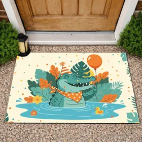 Teal Alligator Party Hat Balloon Tropical - Festive Home Decor Gift Doormat