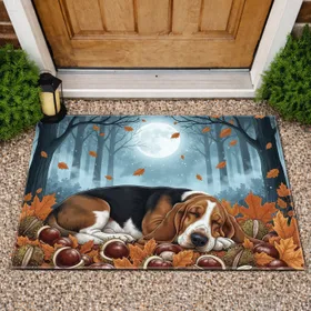 Tri-color Basset Hound Sleeping Forest Moon - Autumn Home Decor Gift Doormat