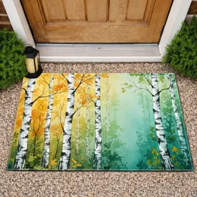 Immersive Autumn Woodland Birch Trees Golden Yellow Teal Foliage - Home Decor Gift Doormat