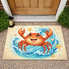 Vibrant Cartoon Crab Ocean Waves Beach - Home Decor Gift for Beach Lover Doormat