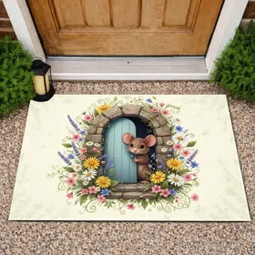 Brown Mouse Blue Door Wildflower Meadow - Home Decor Gift for Wildlife Lover Doormat