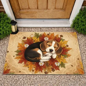 Sleeping Beagle Puppy Autumn Foliage Acorns Wildflowers - Dog Lover Home Decor Gift Doormat