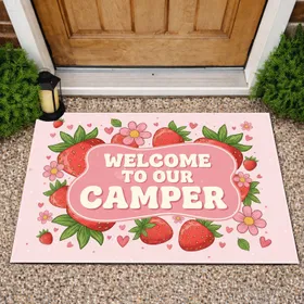 Welcome Camper Strawberries Pink Flowers - Camper Decor Gift for Camper Lover Doormat