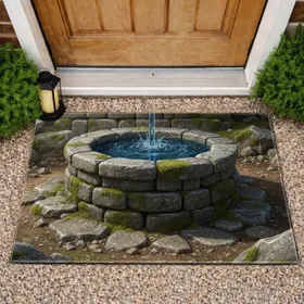 Ancient Stone Well Waterfall Deep Blue Water Mossy Stones - Rustic Home Decor Gift Doormat