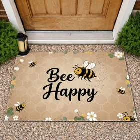 Bee Happy Honeybee Wildflower Clover Honeycomb - Farmhouse Home Decor Gift for Bee Lover Doormat