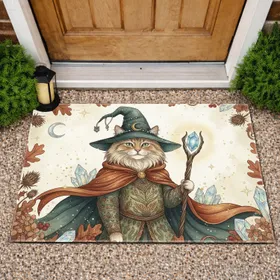 Wizard Cat Autumnal Foliage Crescent Moon Stars - Fantasy Home Decor Gift for Cat Lover Doormat