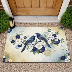 Blue Birds Blossoming Branch Abstract Circles - Home Decor Gift for Bird Lover Doormat