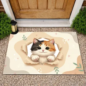 Fluffy Calico Kitten Peeking Torn Edge - Home Decor Gift for Cat Lover Doormat