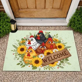 Cartoon Chickens Sunflowers Daisies Welcome Sign - Farmhouse Home Decor Gift for Chicken Lover Doormat