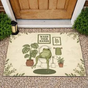 Green Frog Toilet Wash Hands Sign Leafy Vines - Bathroom Decor Gift for Frog Lover Doormat