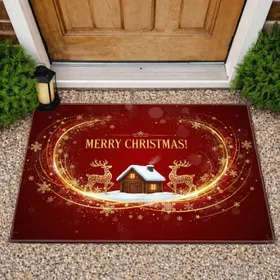 Merry Christmas Cabin Reindeer Golden Snowflakes - Christmas Holiday Decor Doormat