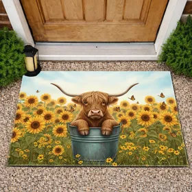 Highland Cow Bucket Sunflowers - Farmhouse Home Decor for Cow Lover Doormat