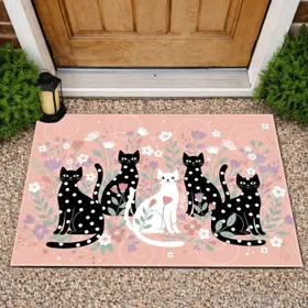 Black White Polka Dot Cats Floral - Home Decor Gift for Cat Lover Doormat