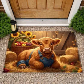 Highland Cow Calf Sunflowers Apples Barn - Farmhouse Home Decor Gift for Cow Lover Doormat