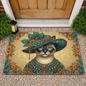 Siamese Cat Portrait Ornate Hat Jeweled Necklace - Boho Home Decor Gift for Cat Lover Doormat
