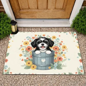 Shih Tzu Puppy Floral Bucket - Home Decor Gift for Dog Lovers Doormat