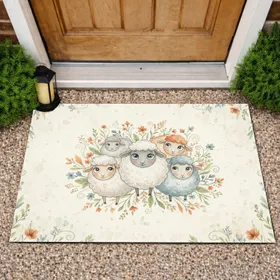 Fluffy Cartoon Sheep Wildflower Botanical Leaf Greenery - Home Decor Gift for Nature Lovers Doormat