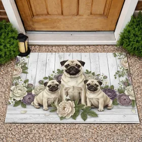 Pugs Peony Rose Botanical Frame - Home Decor Gift for Pug Lovers Doormat