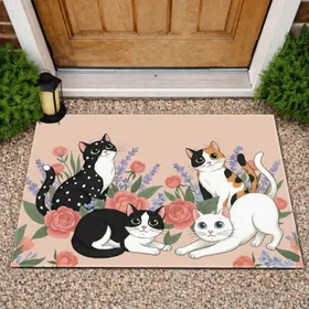 Polka Dot Tuxedo Calico Cats Blooming Flowers - Everyday Home Decor Gift for Cat Lover Doormat