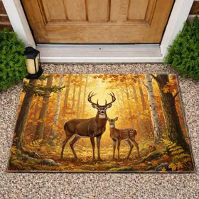 Golden Orange Autumn Forest Scene with Majestic Buck Doe Fawn - Wildlife Lover Home Decor Gift Doormat