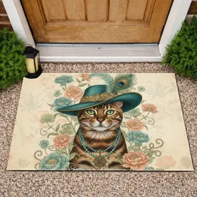 Elegantly Dressed Bengal Cat Teal Hat Botanical Floral - Home Decor Gift for Cat Lover Doormat