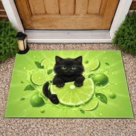 Black Kitten Lime Slices - Everyday Home Decor Gift for Cat Lover Doormat