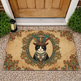 Tuxedo Cat Top Hat Beaded Necklace Paisley Floral - Home Decor Gift for Cat Lover Doormat