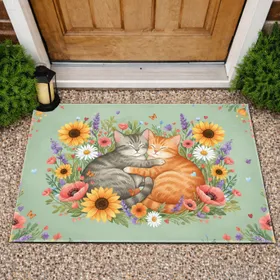 Sleeping Tabby Cats Wildflower Meadow - Home Decor Gift for Cat Lover Doormat