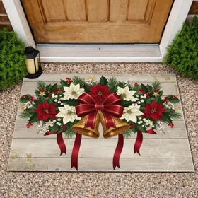 Deep Red Poinsettia Bow Bells Holly Pine Buffalo Plaid Rustic Wood Christmas Holiday Decor Doormat