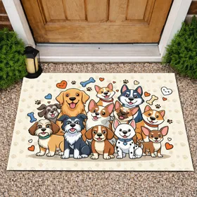 Happy Cartoon Dog Breeds Paw Prints - Home Decor Gift for Dog Lovers Doormat