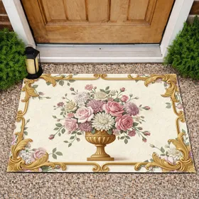 Blush Rose Chrysanthemum Bouquet Golden Urn Rococo Acanthus Frame - Home Decor Gift Doormat