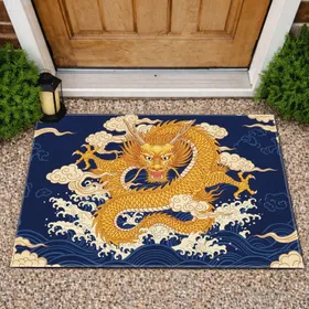 Golden Imperial Chinese Dragon Auspicious Clouds Waves - Home Decor Gift Doormat