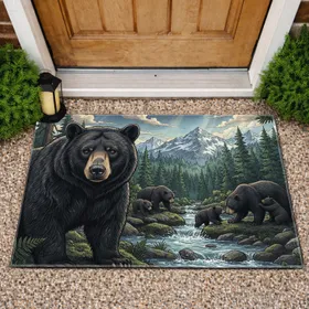 Black Bear Family Mountain Forest Stream Peaks Wildlife Home Decor Gift Doormat