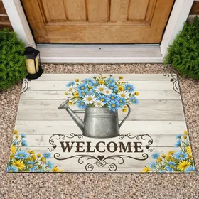 Vintage Watering Can Blue Daisies WELCOME - Farmhouse Home Decor Gift for Garden Lover Doormat