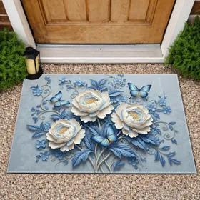 Cream White Peony Blue Butterfly Intertwining Blue Leaves Floral Vine - Home Decor Gift Doormat
