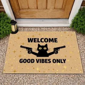 Black Cat Handgun Welcome Good Vibes Only - Home Entry Accent Doormat