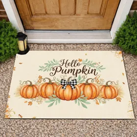Hello Pumpkin Pumpkins Buffalo Check Bow Autumn Foliage Farmhouse Home Decor Gift Doormat