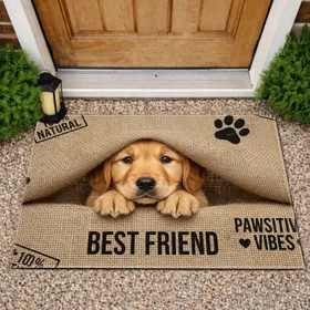 Golden Retriever Puppy Burlap Paw Print - Home Decor Gift for Dog Lover Doormat