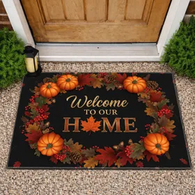 Welcome TO OUR HOME Maple Leaf Autumn Wreath Pumpkins - Autumn Home Decor Gift Doormat
