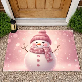 Snowman Pink Beanie Scarf Snowflakes Winter Scene - Home Decor Gift Doormat