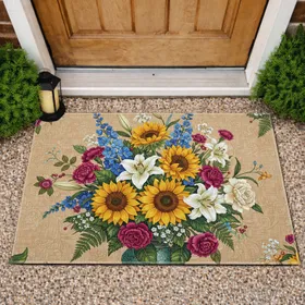 Overflowing Floral Bouquet Berries Vase Botanical Outlines - Home Decor Gift Doormat