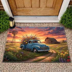 Vintage Blue Pickup Truck Wildflowers Sunset Farm - Farmhouse Decor Gift Doormat
