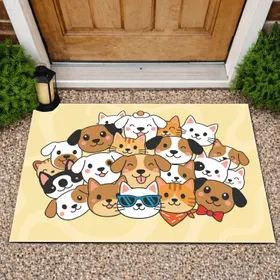 Cartoon Dog Cat Faces with Bows and Glasses - Home Decor Gift for Pet Lovers Doormat