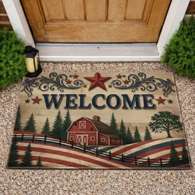 Aged Flag Stripes Welcome Barn Stars Pine - Rustic Farmhouse Decor Gift Doormat