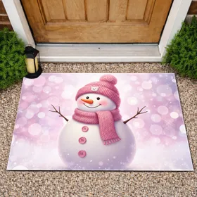 Snowman Pink Bobble Hat Bear - Winter Christmas Home Decor Doormat